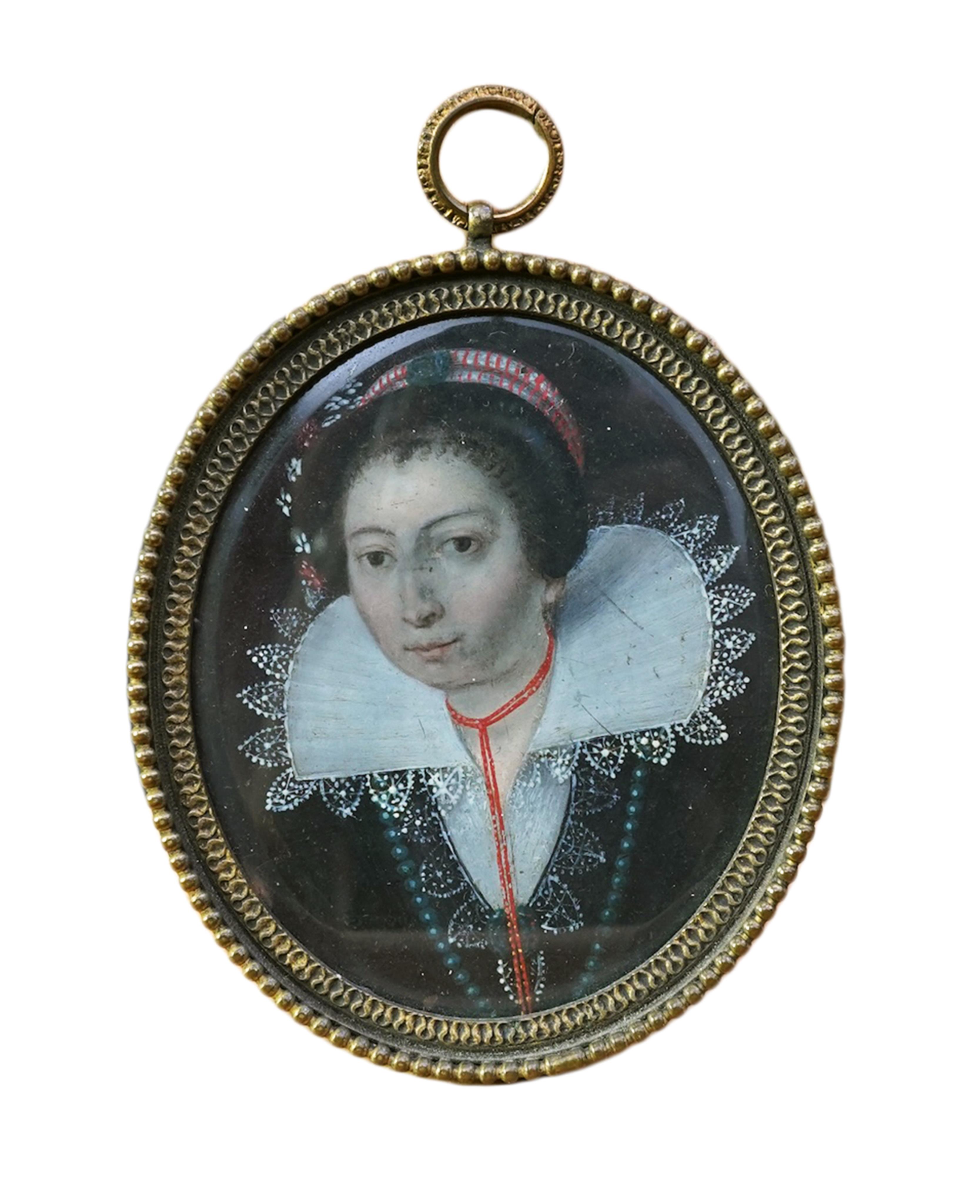Dutch school, 17th century, A portrait miniature of a lady wearing a lace ruff and coral necklace